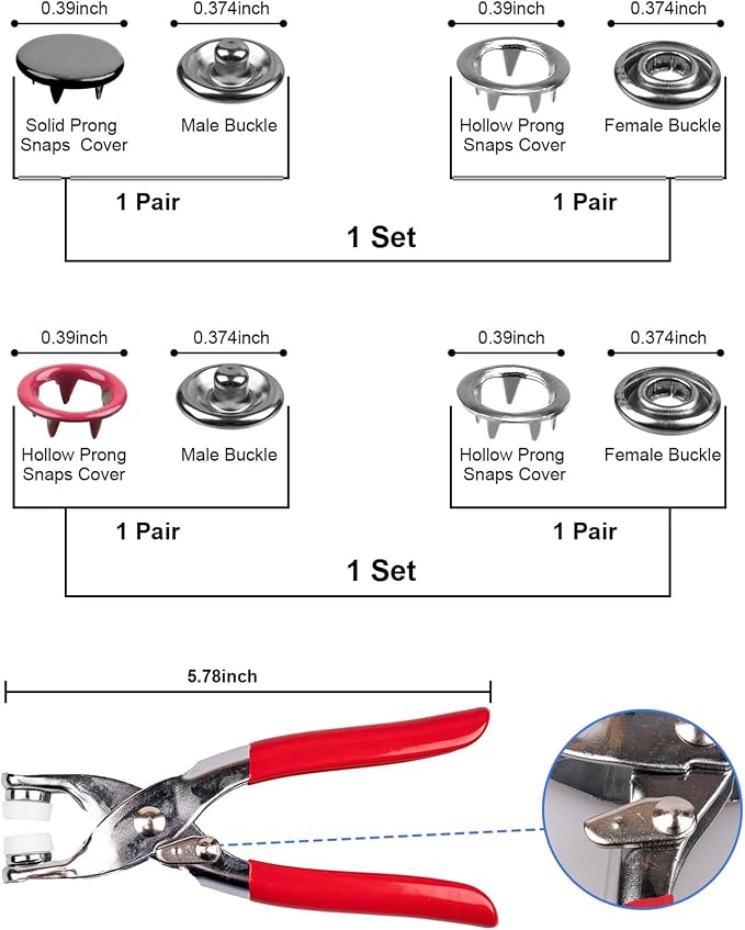 100 Sets Metal Snap Buttons, Sterling Silver Solid Sewing Snaps for Fabric, Prong Snap Button Kits for DIY Crafting Clothing Sewing (9.5mm / 400 PCS)
