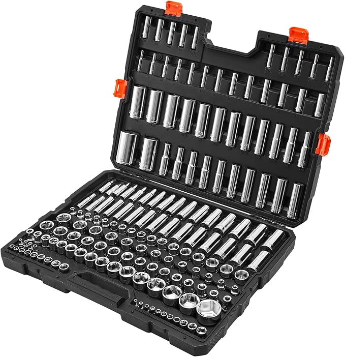 VEVOR Socket Set, 163 Pieces, 3/8 & 1/4 & 1/2 inch Drive Socket Tool Set, SAE and Metric, Deep and Standard, Mechanic Tool Kit with Storage Case, Chrome Plated CR-V Alloy Steel, for Automotive Repair
