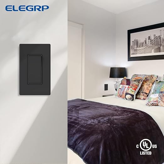 ELEGRP Matte Black 3 Way Decorative Light Switch with Plate, 15Amp, 120-277 Volt, AC Rocker Paddle Wall Switch Replacement, Self-Grounding, Residential Grade, w/Wall Plate, UL Listed (10 Pack)