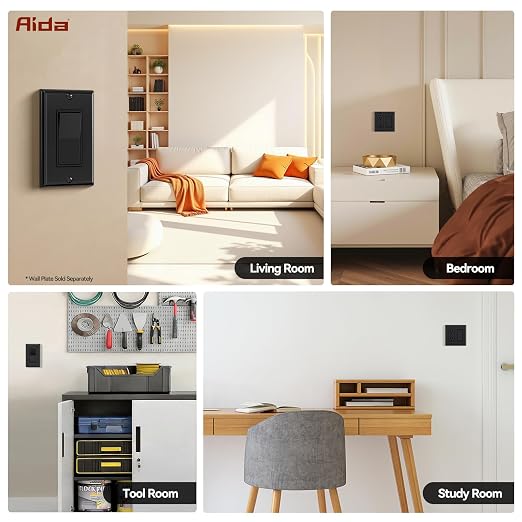 AIDA 3 Way Decorative Light Switch, Electric Switches,15Amp, 120/277 Volt, 3 Way Rocker Switch, Wall Switch Replacement, Self-Grounding, Residential and Commercial Grade, UL Listed (10 Pack,Black)