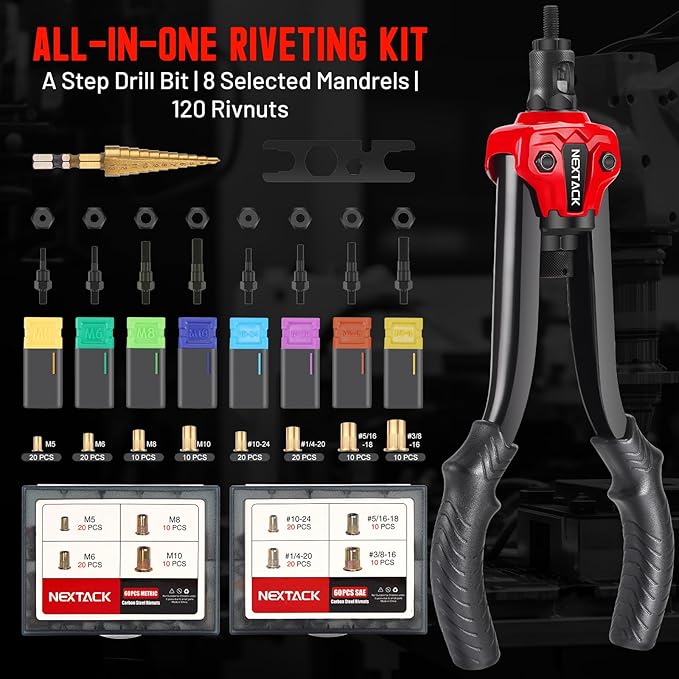 NEXTACK Rivet Nut Tool Kit with a Step Drill Bit, 120 Nutserts, Heavy Duty Rivnut Tool Set with 8 SAE & Metric Mandrels M5 M6 M8 M10 10-24 1/4-20 5/16-18 3/8-16, Organized Rugged Case (NT700)