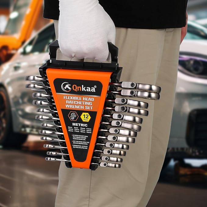 Qnkaa Flexible Ratcheting Wrench Set 12pcs Metric 8-19mm Flex-Head Spanner Gear Ring Ratchet Combination Wrenches Kit with Portable Organizer