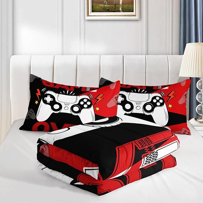Axolotl Gamer Comforter Set Full, 3Pcs Gaming Gamepad Bedding for Men, Games Console Bedding for Adults Room, Video Game Controller Room Decor Gaming Bed Set 1 Comforter with 2 Pillowcases, Black Red