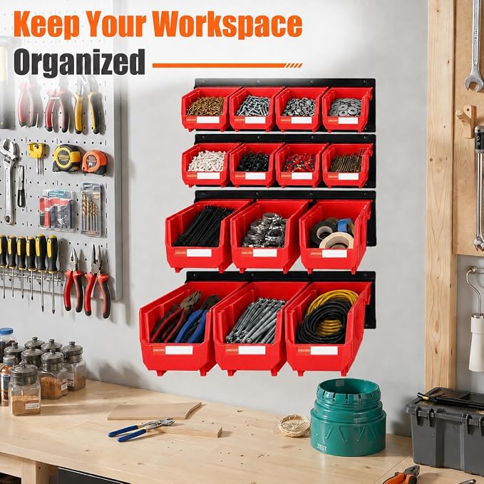 14pc Wall-Mounted Organizer V1 V2 V3 Master Combo Set Red | Heavy duty metal rails multi-size bins master set for garage screws, tools, batteries & wrenches.