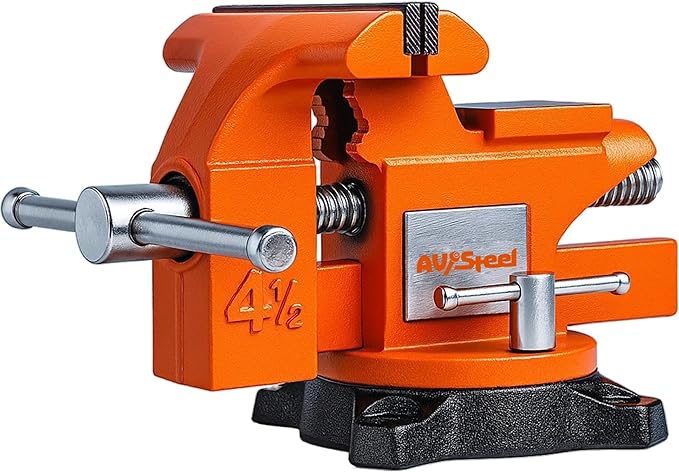 AV Steel 4-1/2" Bench Vise with 240° Flexible Swivel Locking Base and Anvil, High-Strength Multi-Purpose Workbench Vise Heavy-Duty, Cast Iron Workbench for Woodworking, Drilling, Pipe Cutting