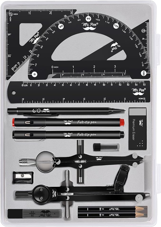 Mr. Pen- Professional Geometry Set, 15 pcs, Drafting Tools with Protractor, Compass, Metal Ruler, Triangles, Pens & Pencils, Complete Geometry & Drafting Kit for Architects, Engineers & Students
