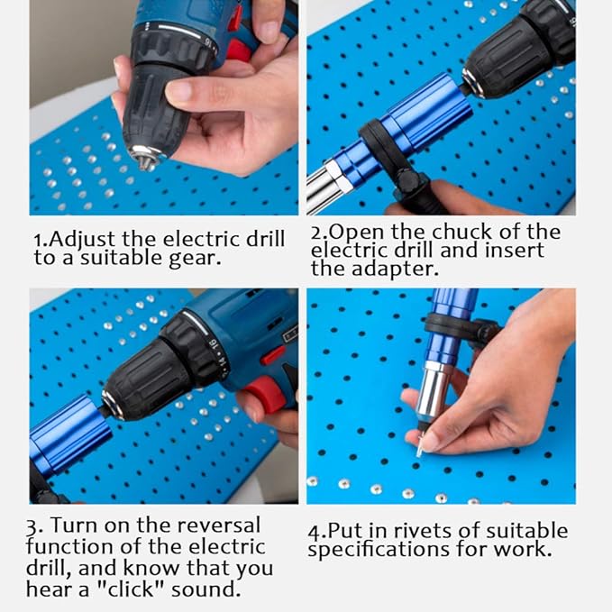 Professional Electric Rivet Gun Adapter Kit - Cordless Riveting Drill Tool with 3-Claw Head, 4 Rivet Heads, Removable Plastic Handle & 100 Blind Rivets - Easy Processing for Pop Rivets