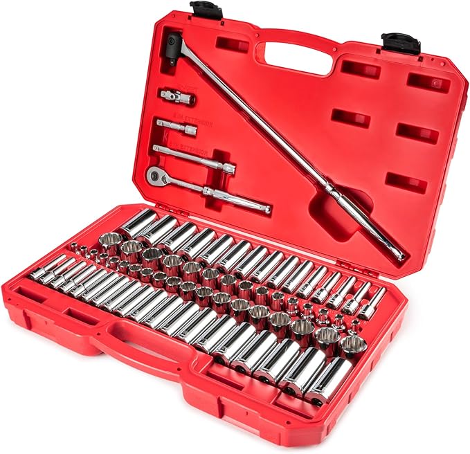 TEKTON 3/8 Inch Drive 12-Point Socket and Ratchet Set, 73-Piece | SKT15312 | (1/4 - 1 in., 6 - 24 mm), Shallow and Deep, Case