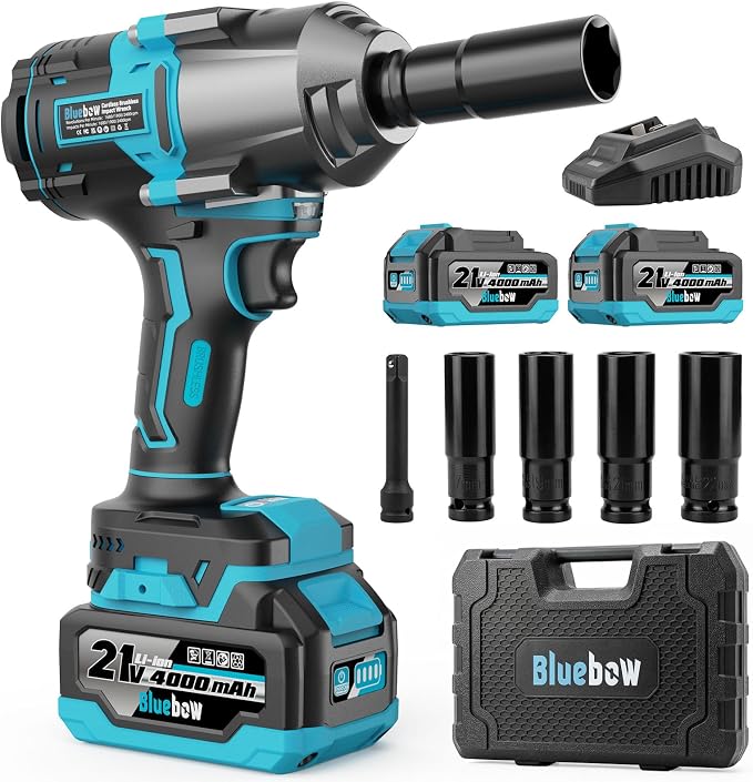 Bluebow Cordless Impact Wrench, 960 ft-lbs (1300 N·m) Brushless Impact Wrench with 2x4.0Ah Battery, 1/2" 3-Speed Modes Impact Gun with 4 Sockets for Pickup, Truck, Home Car