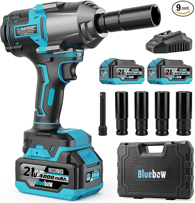 Bluebow Cordless Impact Wrench, 737.5 ft-lbs (1000 N·m) Brushless Impact Wrench with 2x4.0Ah Battery, 1/2" 3-Speed Modes Impact Gun with 4 Sockets for Pickup, Truck, Home Car