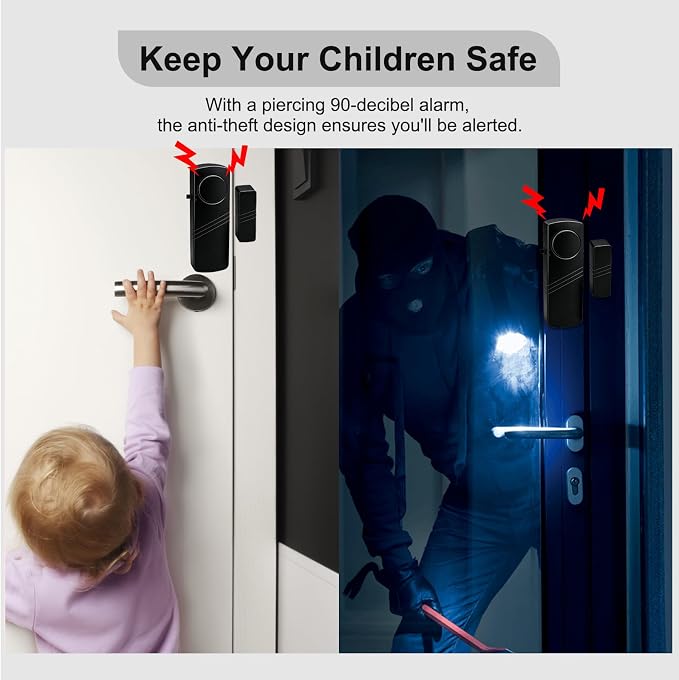 Door Window Alarm - 90dB Loud Home Security Sensor for Kids Safety, Burglar Alert for House, Apartment, Office, Hotel & Pool Window, Black (4 Pack)