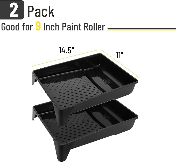 Bates- 9 Inch Paint Tray, 2 Pack, Black Plastic Paint Roller Tray 9 Inch, Deep Capacity, Textured Ridge
