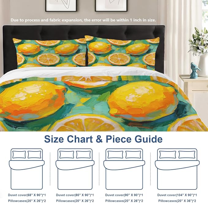 Batmerry Lemons Full Size 100% Cotton Duvet Cover Sets, Impressionistic Lemon Pattern Bedding Set with Zipper Closure Corner Ties, 3 Pieces (1 Cover + 2 Pillowcases No Comforter)