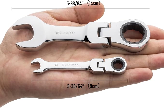 DURATECH Stubby Flex-head Ratcheting Wrench Set, Metric, 12-piece | 8mm-19mm, CR-V Steel, Corrosion Resistance, 72-Tooth, 5° swing arc, 180° Flexible, for Narrow Spaces, with Pouch