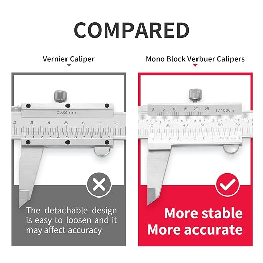 Stainless Steel Calipers 0-8" Thickened Mono-Block Vernier Caliper Inch/Metric 0-8" Range +/-0.02 Accuracy 0.02/0.001" Resolution Slide Calliper Rule Depth Gauges DRINYOUNG