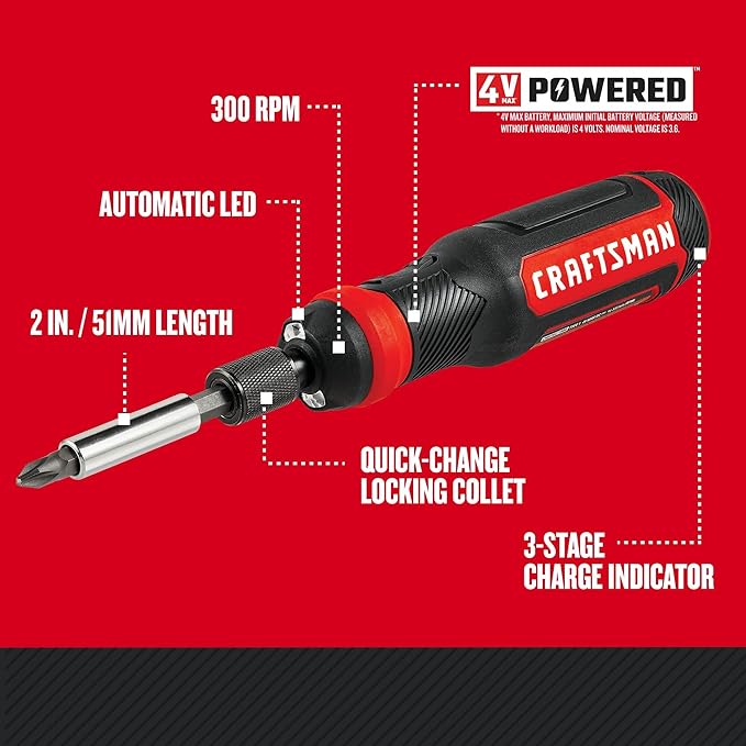 CRAFTSMAN 4V Electric Screwdriver Set, 300 RPM, Micro-USB Charging Port, 3-Stage Battery Charge Indicator (CMHT66718B20)