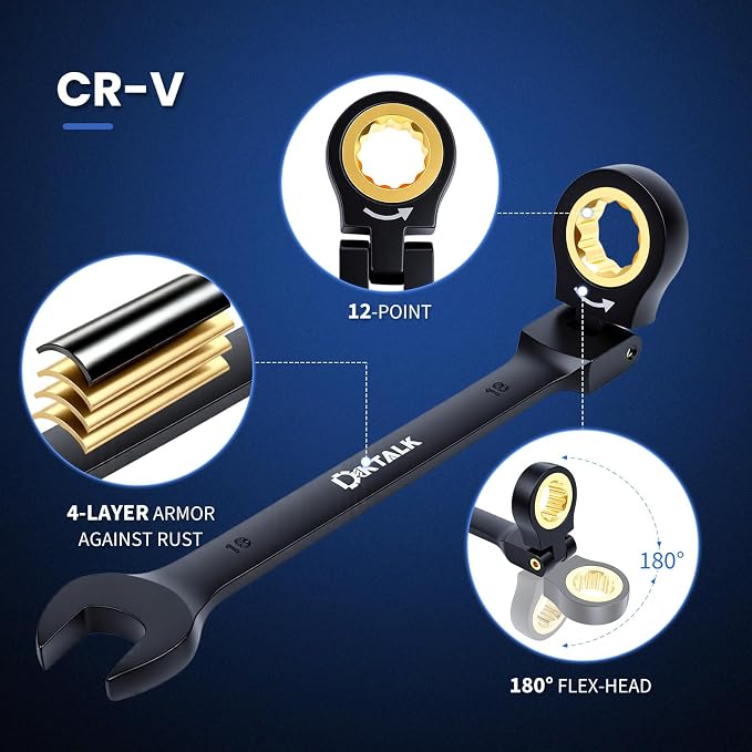 22-Piece Ratcheting Wrench Set with 180° Flex Head & Anti-Slip Design, Metric (6-18mm) and SAE (1/4-3/4") Combination Wrench Set, Professional Grade Chrome Vanadium Steel with Organizer Box