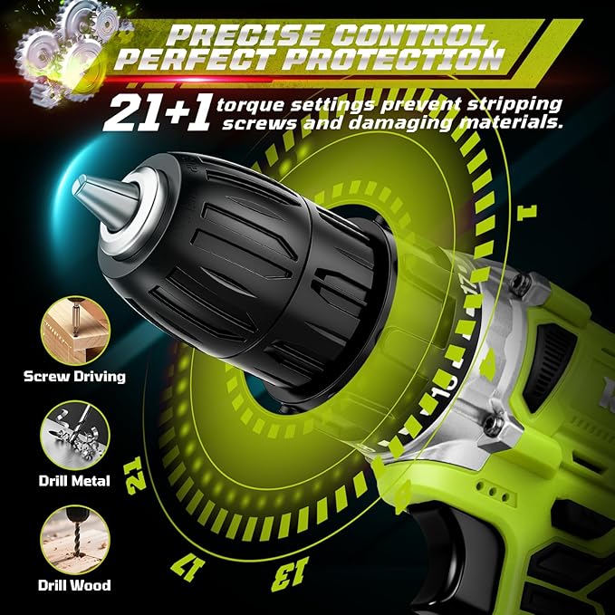20V Cordless Drill Set,Electric Power Drill Cordless,Power Drill Drivers,Electric Screwdriver - 2.0Ah Batteries, 30Nm，21+1 Torque,2 Speed,34pcs Acessories,Built-in LED,Kit for Home,Green