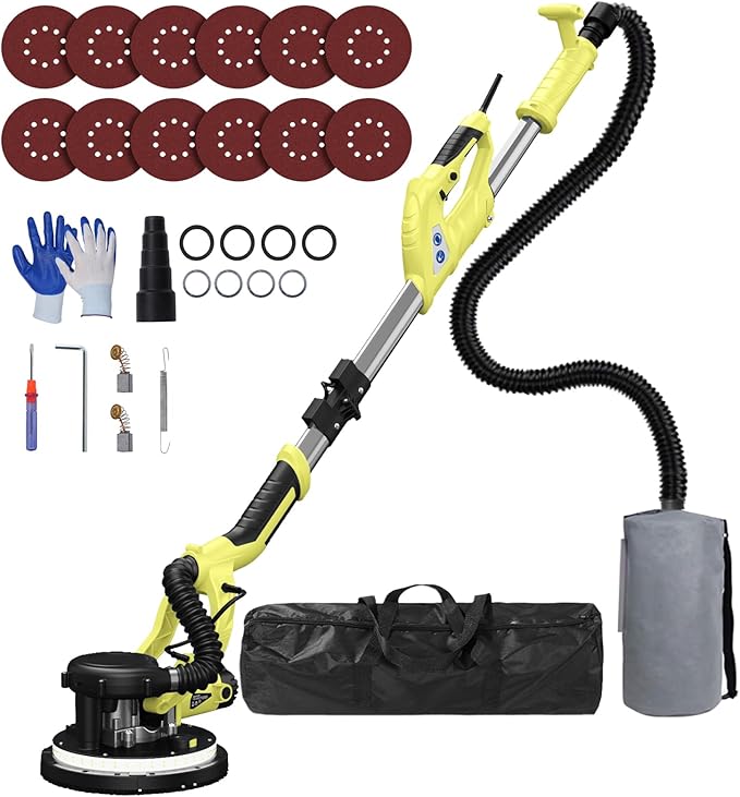 Drywall Sander, Popcorn Ceiling Removal Tool with 7 Variable Speed 800-1800RPM, 2026 Upgraded 8-Amp Drywall Sander with Vacuum Dust Collector with 12pcs Sanding Discs, Extendable Handle, LED Light