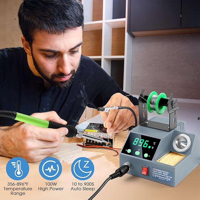 Soldering Station, 100W Digital Display Soldering Iron Station Kit with 2 Helping Hands, 356°F - 896°F, Auto Sleep, °C/°F Conversion, Solder Wire, Tips, Stand, Pump, Tweezers, Tip Cleaner, Gray