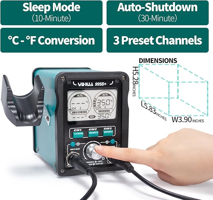 YIHUA 995D+ EVO Soldering Hot Air Station Kit 2-IN-1 110W Soldering Iron with LCD Display, Power Meter, Preset Channels, Sleep Mode, °C-°F Conversion, Automatic Shutdown Functions