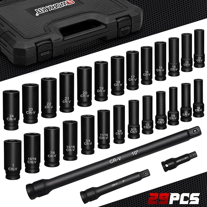 1/2" Drive Impact Socket Set 29-Piece, Cr-V-M Steel Deep Socket SAE(3/8" - 1") & Metric(10-24mm) Sizes, with Extension Bar, with Storage Case