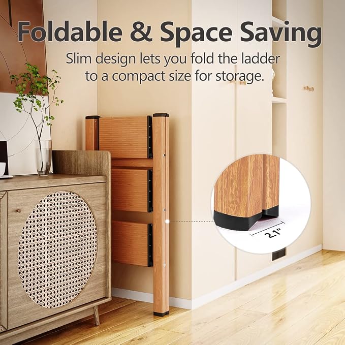 SOLADDER 3 Step Ladder, Folding Aluminum 3 Step Stool with Anti-Slip Wide Sturdy Pedal, Multi-Use for Home and Kitchen Use, Space Saving-Woodgrain(300 lbs Capacity)