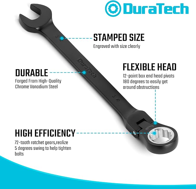 DURATECH 9-Piece Flex-Head Ratcheting Wrench Set, SAE | 5/16", 11/32", 3/8", 7/16", 1/2", 9/16", 5/8", 11/16" and 3/4", 72-Tooth, Black Electrocoat, CR-V Steel, Rolling Pouch