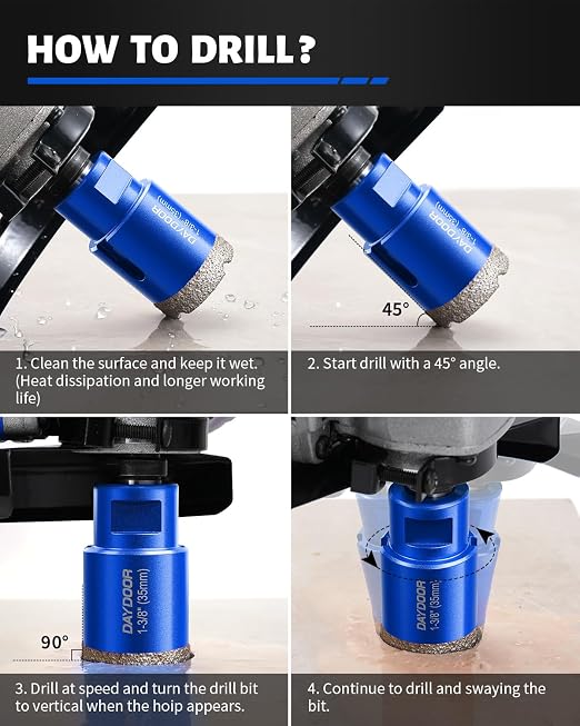 DAYDOOR Diamond Hole Saw Kit, 13-Piece Tile Hole Saw Kit 1/4" 5/16" 4/5" 1" 1-3/8" 2" 3" 4",Vacuum Brazed Core Drill Bits for Porcelain Tile, Granite, Marble, Stone(Blue)
