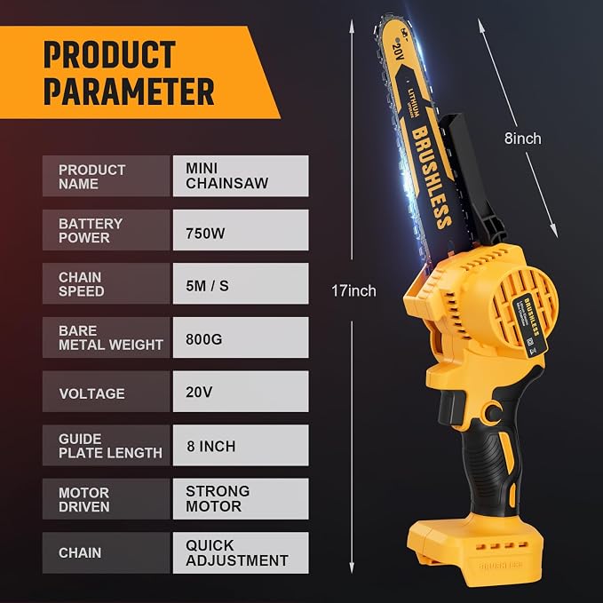 Cordless Mini Chainsaw 8 Inch for Dewalt 20V MAX Battery Powered (NO Battery), Electric Chainsaw, Cordless Hand Chainsaw, Portable Small Rechargeable Pruning Chain Saw for Wood Cut Tree Trimming
