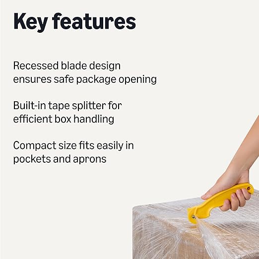 Amazon Basics Film Safety Cutter, Concealed Stainless Steel Blade with Tape Splitter for Boxes, Packages, Shrink Wrap, Yellow, 30-Pack