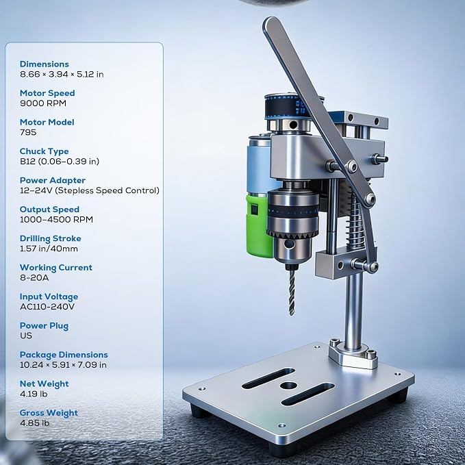 Compact Benchtop Drill Press, Rear-Mounted 795 High-Torque Motor, Mini Precision Bench Drilling Machine for DIY, Woodworking, Jewelry Making & Crafts, B10 Chuck