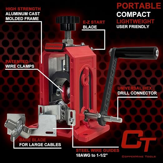 CopperMine Wire Stripping Machine, Drill Powered Benchtop Wire Stripper for 18 AWG to 1-1/2" Cable, Large Cable Wire Stripper, Manual Copper Wire Stripper Wire Recycling, Solid & Stranded Wire