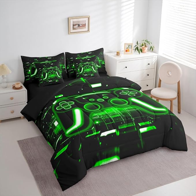 Erosebridal Gaming King Size Comforter Set with Sheets, Gamer 7 Piece Bedding Set Neon Lights Retro Game Console Bed in a Bag, Green Brick Cube Room Decor,Game Room Decor