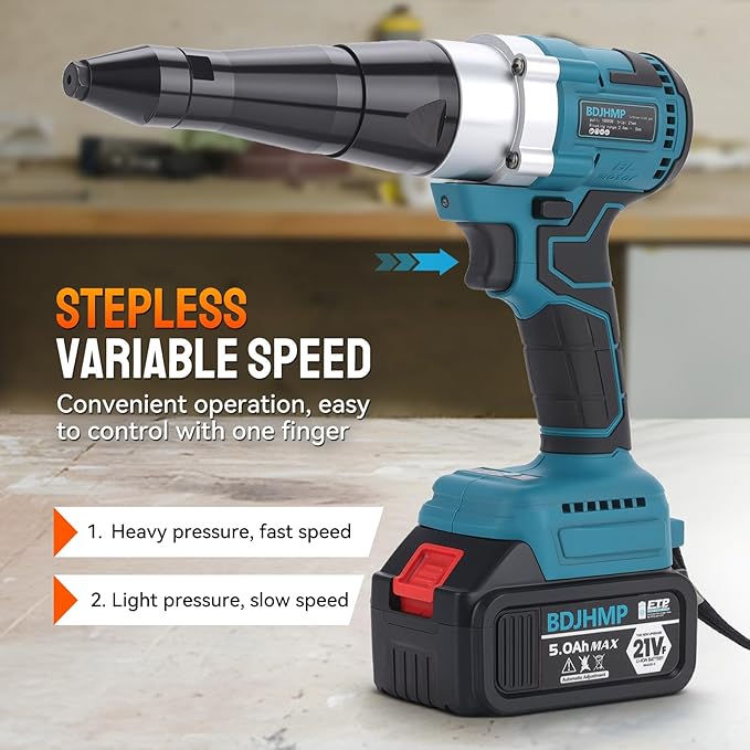 Cordless Brushless Rivet Gun, Portable Automatic 2248lbf Electric Riveter Kit for 1/8" 5/32" 3/16" Rivets w/ 2 Pack 5.0Ah Battery for Makita 18V Battery