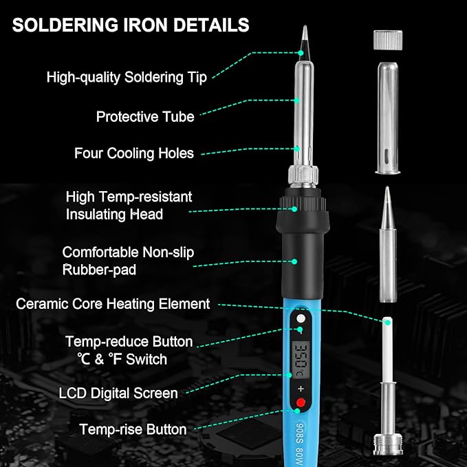 FEITA Electric Soldering Iron Kit with 80W LCD Digital Adjustable Temperature Soldering-iron, 5 Soldering Tips, Rosin Flux, Solder Wires & Stand, Electrical Soldering Kit for Electronics
