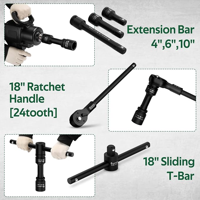 3/4 Inch Drive Impact Socket Set, 20 Pcs, Metric, 17mm-55mm, CR-MO | Heavy Duty, 6-Point, 24T Ratchet Wrench, 18" Sliding T-Bar & Extension Bars, Metal Storage Case for Truck, Tractor Repair