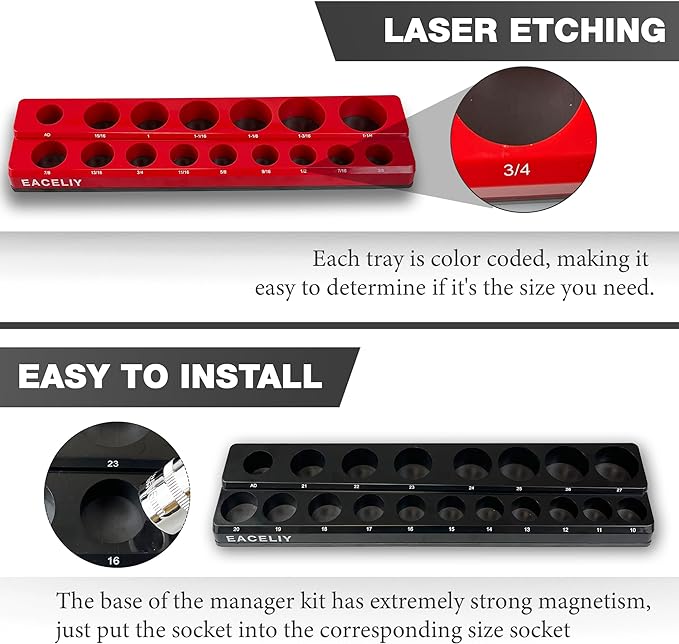 EACELIY Magnetic Socket Organizer Set, 1/2", 1/4" and 3/8" SAE & Metric Deep & Shallow Socket Holder Kit, holds 141 stanard Sockets, attaches to steel box/tool cart (sockets not included) 丨6PCS