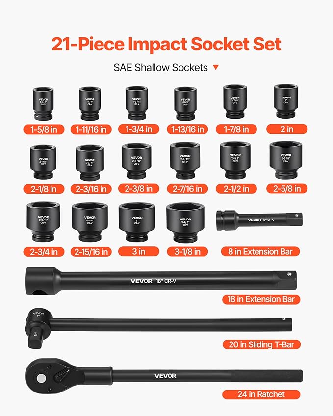VEVOR 1 in Drive Impact Socket Set, 21 Piece, 6 Point Shallow Impact Sockets, SAE (1-5/8 in to 3-1/8 in), with 8 in & 18 in Extension Bars, 24 in Ratchet, Cr-V Steel, Size Marking, and Carrying Case