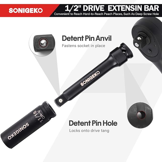 19-Piece 1/2" Drive Impact Socket Set | Deep, SAE CR-V Steel Sockets with Extension Bars, Universal Joint and Adapter