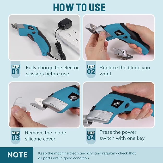 VLOXO Cordless Electric Scissors Super Scissors with 2 Type Blades Rechargeable Cardboard Cutter Powerful Cutting Tool for Fabric Cardboard Carpet Leather Felt Blue CS4001