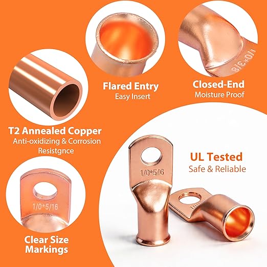 Kuject Battery Cable Lug Crimping Tool Kit with Copper Wire Lug AWG 1 2 4 6 8 1/0 Gauge, Wire Crimper for AWG 10-1/0 with Cable Cutter, 110PCS Battery Cable Ends with 110PCS 3:1 Heat Shrink Tubing