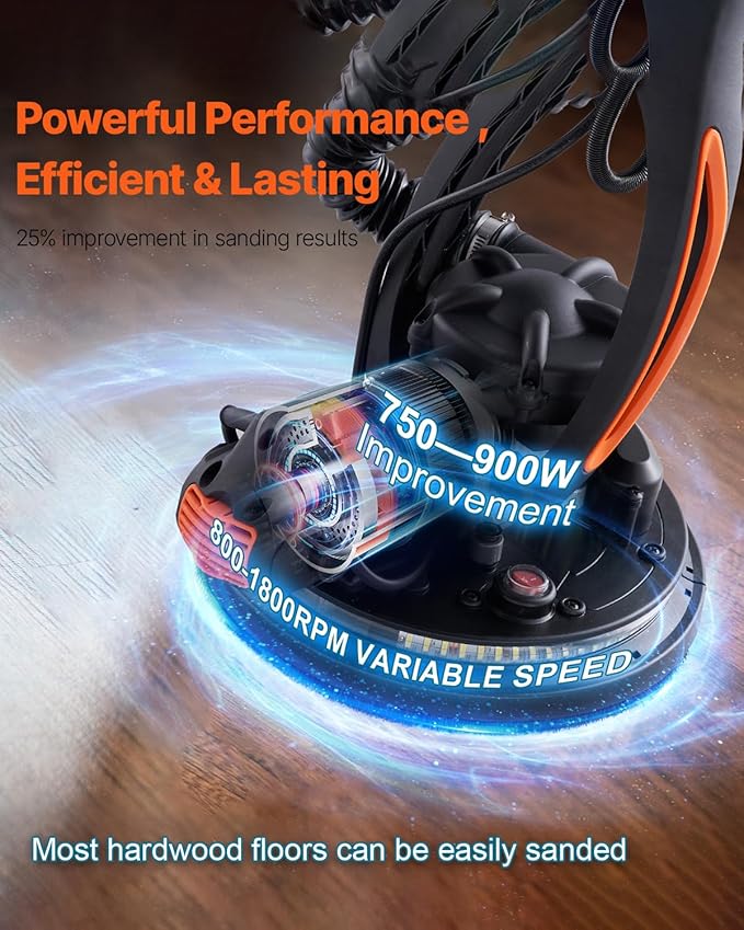 VEVOR Wall Smoother, 900W Electric Tool with 12 Sanding Discs, 800 to 1800 RPM Speed, 3 Vacuum Hoses, Collapsible for Ceiling Use, Dual LED Lights, Telescoping Handle, and Built-in Dust Collector