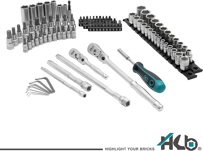 HB 101-Piece Socket Set AKX005-U, 90-Tooth Flex Head Ratchets 3/8"&1/4" Drive, Patented Non-Slip Metric SAE Sockets, Deep & Standard, Extension Bars, Bit Sockets, Rails, Case, Made in Taiwan