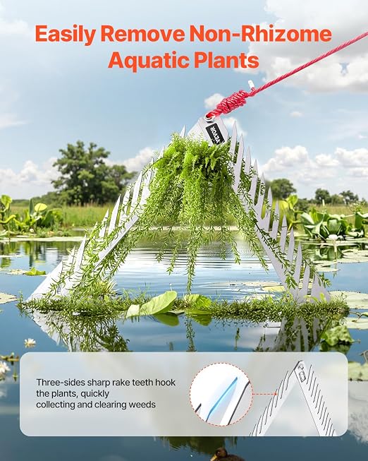VEVOR 24in Aquatic Weed Rake, 3-Sided Lake Weed Rake with Handle, Portable and Foldable Pond Water Grass Razor, Stainless Steel Throwable Floating Pond Weeds Cutter with 30 ft Rope, for Lakes Ponds