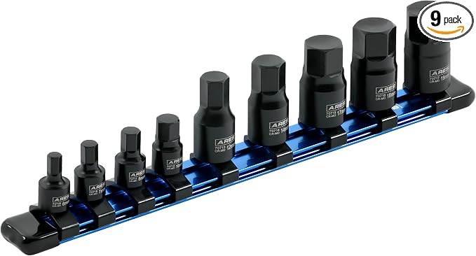 ARES 70497 9-Pc Metric Impact Hex Socket Set, Chrome Moly, Rail | Manganese phosphate coating; low profile and designed for impact use.