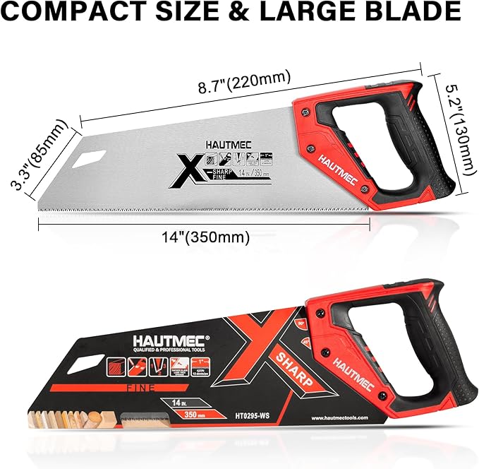 HAUTMEC X-Sharp Sierra de mano profesional de 14", serrucho de 12 TPI con dientes de triple biselado, sierras de corte fino para madera y carpintería, PVC, plástico y árboles - HT0295