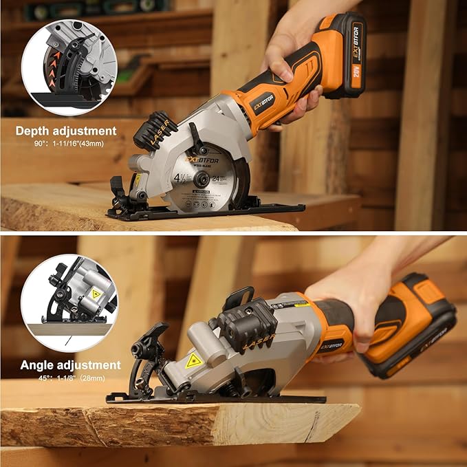 Circular Saw,4-1/2" Mini Circular Saw Cordless with 2.0A Battery, Power Saw with Laser Guide, 3400RPM, Maximum Cutting 1-11/16" at 90° and 1-1/8"at 45° for Wood, Soft Metal, Plastic