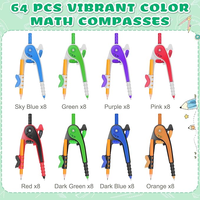 64 PCS Math Compass Geometry Math Set 6 Inch Plastic Drawing Compass with Pencils for Math Student Classroom School Office Woodworking Art Drawing