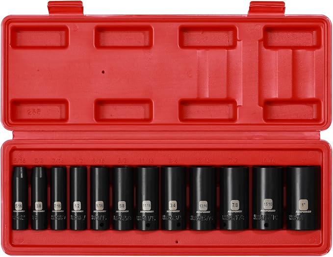 MIXPOWER 12 Pieces 3/8-Inch Drive Deep Impact Socket Set, 5/16 to 1 inch, CR-V, SAE, 6 Point, Deep, 12 Pieces 3/8" Dr. Socket
